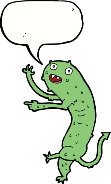 Bir insan tarafından çizilmiş konuşma baloncuğu olan küçük iğrenç bir canavar.