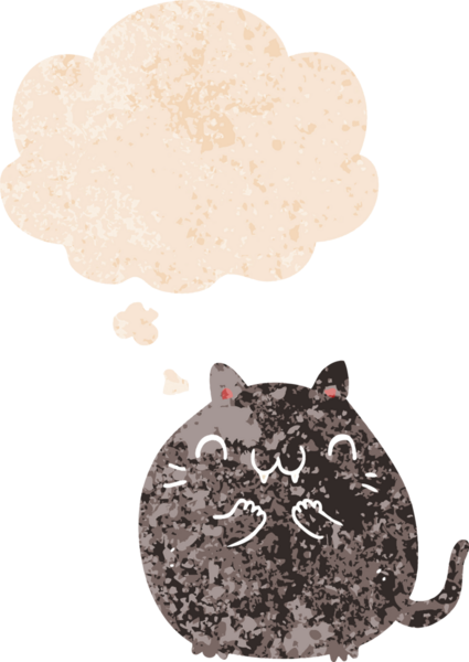 Mutlu çizgi film kedisi. Düşünce baloncuğu ve grunge dertli eski moda bir insan tarafından çizilmiş.