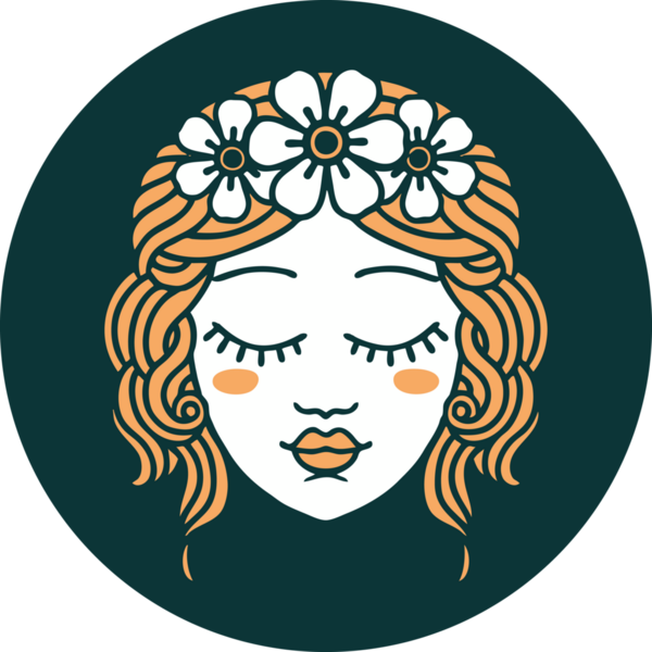 İkonik dövme stili. Bir insan tarafından çizilmiş gözleri olan kadın yüzü.