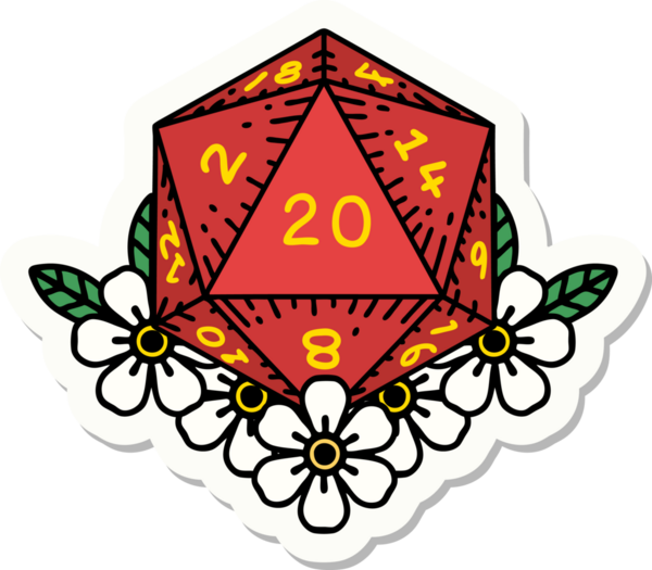 Bir insan tarafından çizilmiş 20 D20 zarının etiketi.