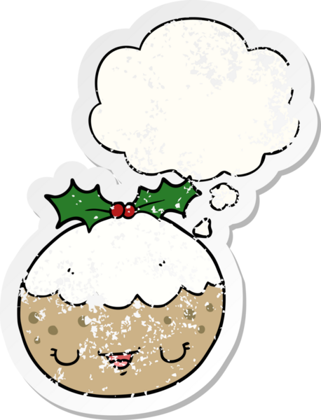 Düşünce baloncuklu tatlı çizgi film pudingi insan tarafından çizilmiş yıpranmış bir çıkartma.