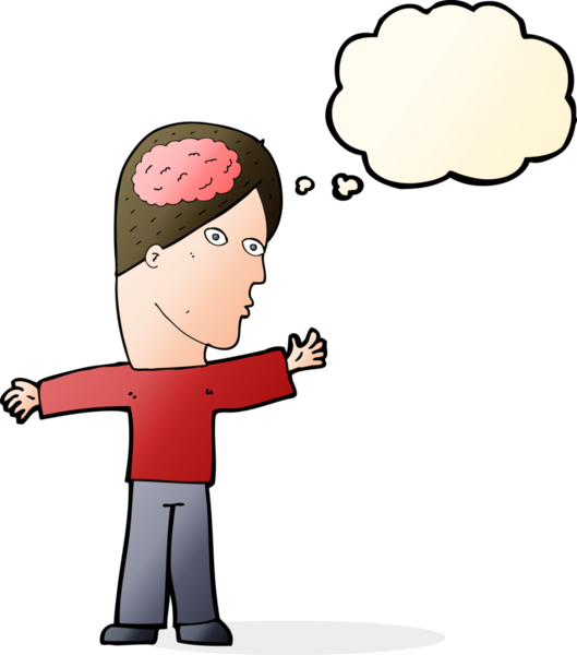 Düşünce baloncuğu insan tarafından çizilmiş beyni olan çizgi film adamı.