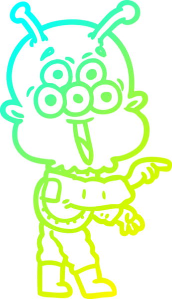 Bir insan tarafından çizilen mutlu çizgi film uzaylısının soğuk gradyan çizgisi