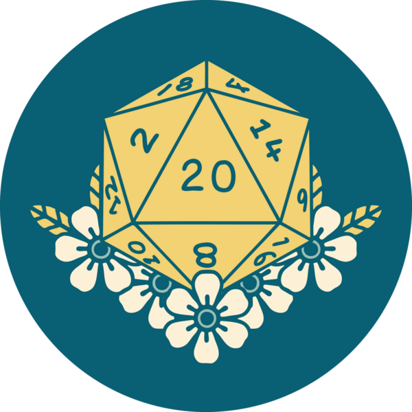 Retro Dövme Biçimi Doğal 20 D20 zar bir insan tarafından çizilmiş çiçek elementleriyle