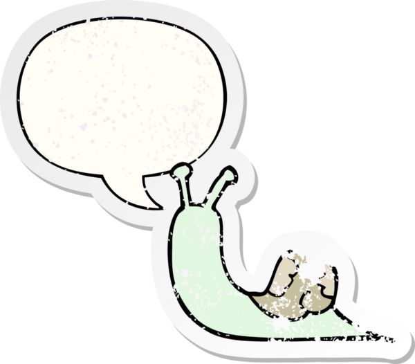 Konuşma balonlu çizgi film salyangozu bir insan tarafından çizilmiş sıkıntılı eski bir çıkartma