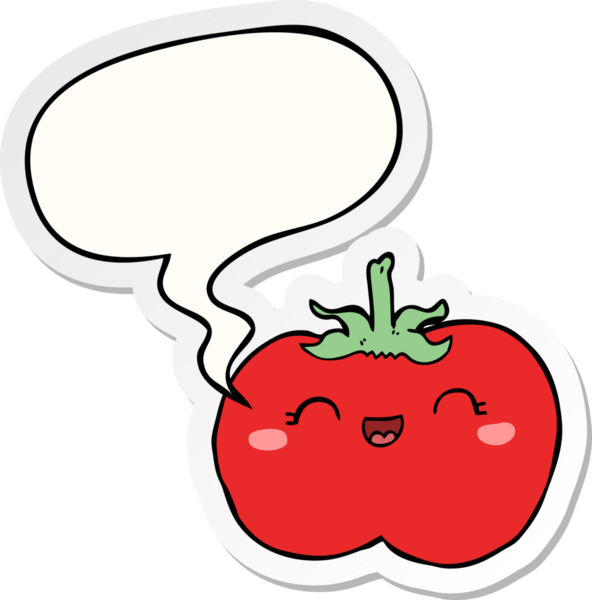 Bir insan tarafından çizilmiş konuşma kabarcığı çıkartmalı domates çizgi filmi.