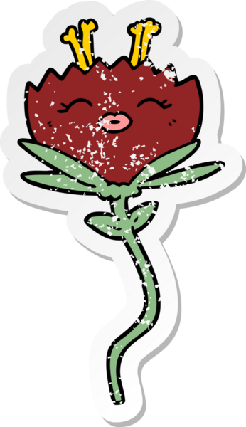 Bir insan tarafından çizilmiş mutlu bir karikatür çiçeğinin sıkıntılı çıkartması.