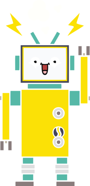 Bir insan tarafından çizilmiş mutlu bir robotun düz renkli retro karikatürü