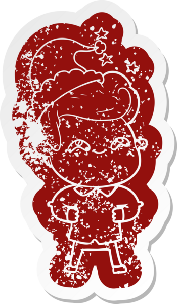 Bir insan tarafından çizilmiş Noel Baba şapkası giyen heyecanlı bir adamın garip bir karikatürü.