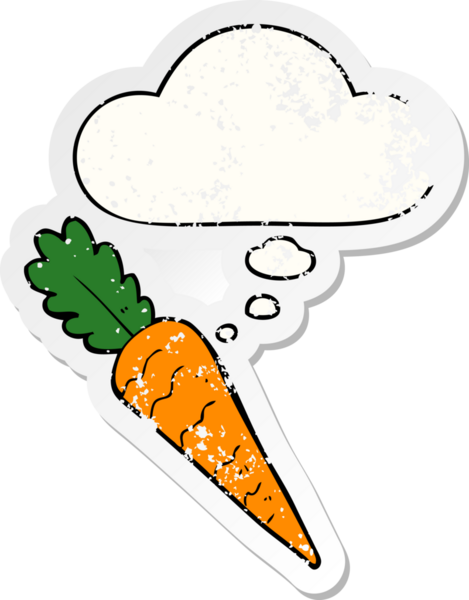 Düşünce baloncuklu çizgi film havucu insan tarafından çizilmiş yıpranmış bir çıkartma gibi.