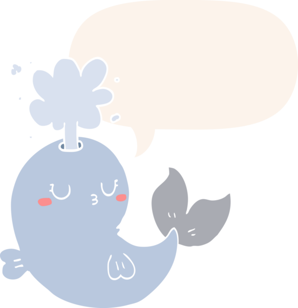 Bir insan tarafından çizilmiş eski usul konuşma baloncuğuyla su püskürten çizgi film balinası.