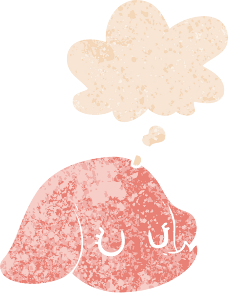 Düşünce baloncuklu çizgi film fili suratı bir insan tarafından çizilmiş dertli retro desenli.