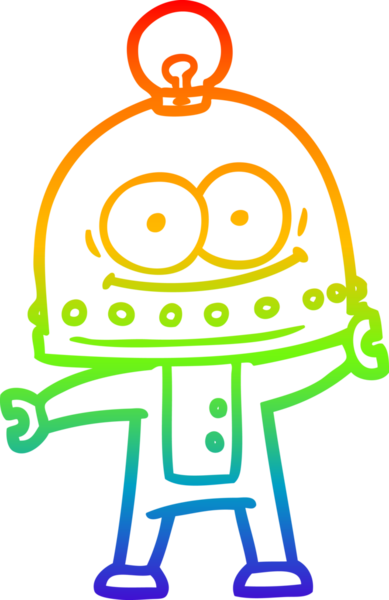 Gökkuşağı gradyan çizgisi mutlu bir karton robot çizimi ve bir insan tarafından çizilmiş ampul.