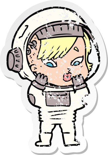 Bir insan tarafından çizilmiş karikatür astronot kadının sıkıntılı çıkartması.
