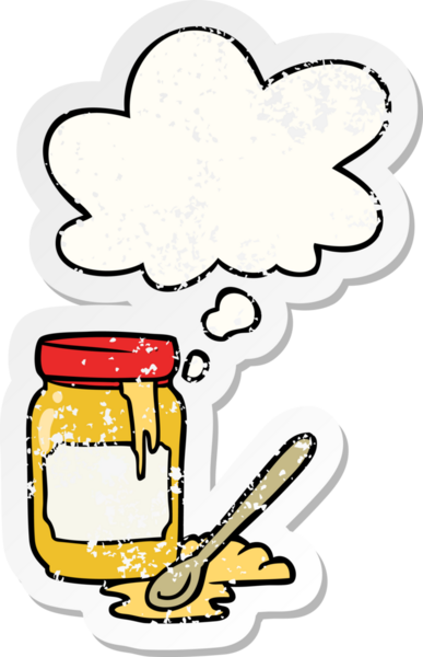 Düşünce balonlu karton bal kavanozu insan tarafından çizilmiş yıpranmış bir çıkartma.