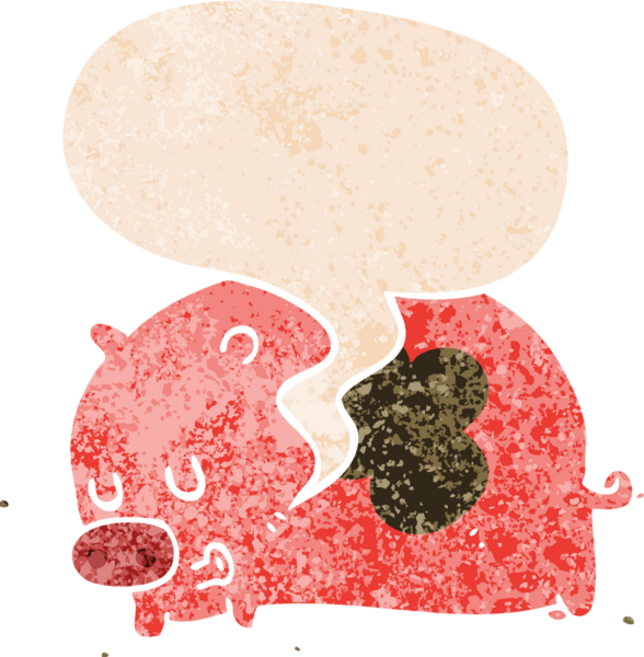 Grunge 'da konuşma baloncuğu olan sevimli çizgi film domuzu bir insan tarafından çizilmiş sıkıntılı retro dokuma tarzı