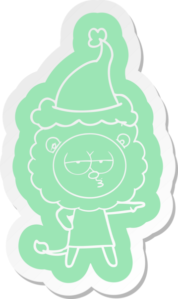 Bir insan tarafından çizilmiş Noel Baba şapkası giyen canı sıkkın bir aslanın çizgi film çıkartması.