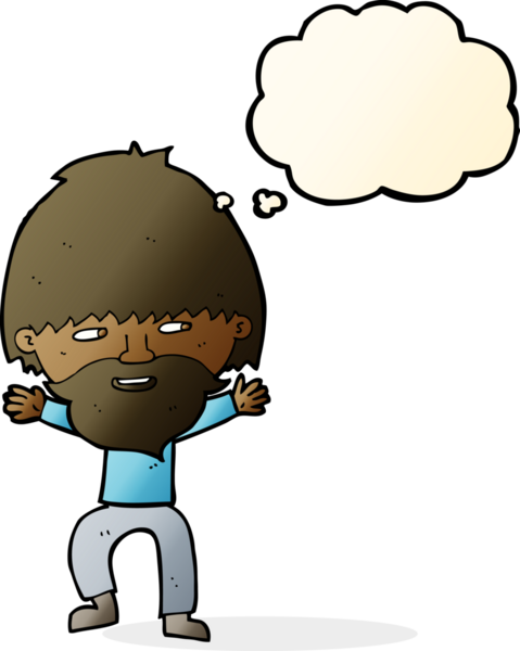 Bir insan tarafından çizilmiş düşünce balonlu sakallı mutlu adam çizgi filmi.