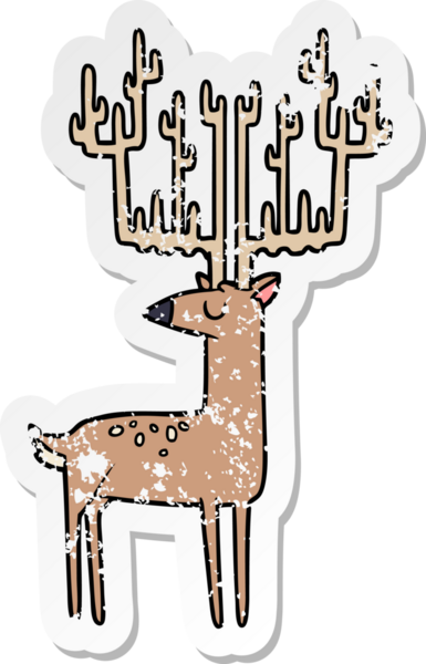 Bir insan tarafından çizilmiş kocaman boynuzları olan bir karikatür geyiğinin sıkıntılı çıkartması.