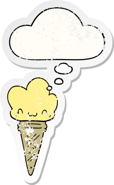 Yüzünde düşünce kabarcığı olan karikatür dondurması insan tarafından çizilmiş yıpranmış bir çıkartma gibi.