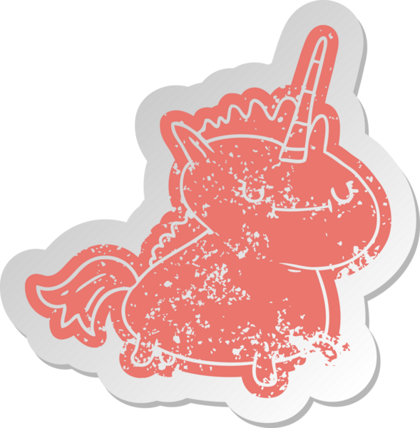 Bir insan tarafından çizilmiş sihirli tek boynuzlu atın sıkıntılı eski çizgi film çıkartması.