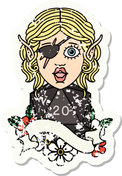 Bir insan tarafından çizilmiş doğal yirmi zarlı, düzenbaz bir elf karakterinin grunge çıkartması.