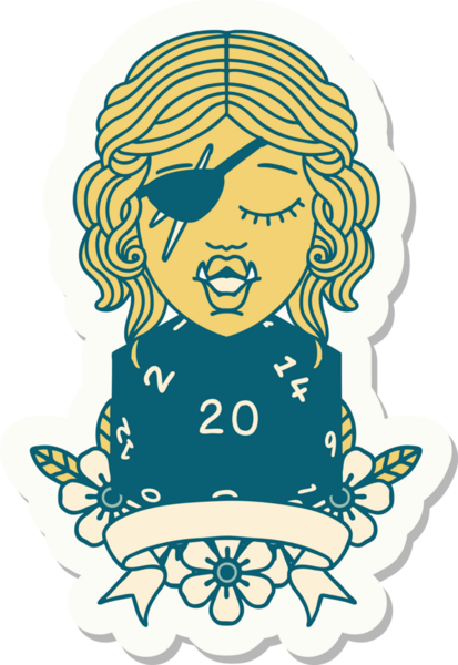 Bir insan tarafından çizilmiş 20 zarlı yarı ork haydut bir karakterin çıkartması.