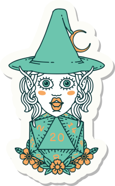 Bir insan tarafından çizilmiş doğal yirmi zarlı elf büyücü karakterinin çıkartması.