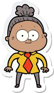 Bir insan tarafından çizilmiş mutlu yaşlı bir kadının çıkartması.