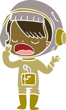 Düz renkli çizgi film astronot kız bir insan tarafından çizilmiş.