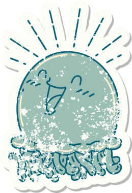 Dövme stili eski bir çıkartma. Bir insan tarafından çizilmiş mutlu denizanası.