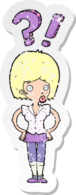 Bir insan tarafından çizilen soruları soran karikatürlü bir kadının gerilimli çıkartması.