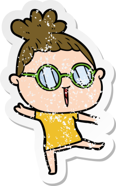 Bir insan tarafından çizilmiş gözlük takan karikatürlü bir kadının sıkıntılı çıkartması.