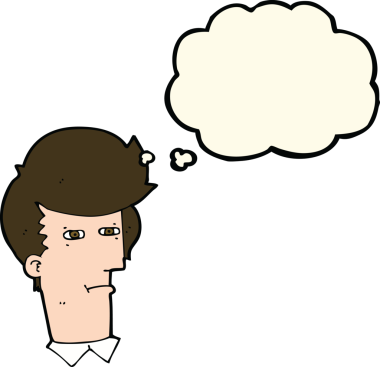 Bir insan tarafından çizilmiş düşünce baloncuğuyla gözlerini kısarak bakan çizgi film adamı.