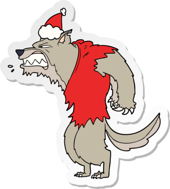 Kızgın kurt adam el çizimi. Bir insan tarafından çizilmiş Noel Baba şapkası.