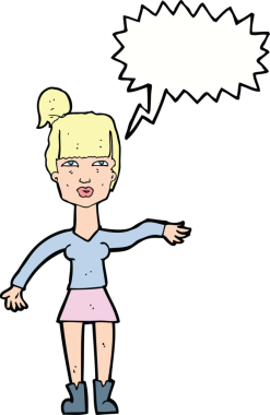 Bir insan tarafından çizilen düşünce baloncuğuyla kibirli bir jest yapan karikatür kadını.