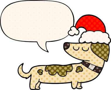 Çizgi roman tarzında bir insan tarafından çizilmiş, noel şapkası takan bir köpek.