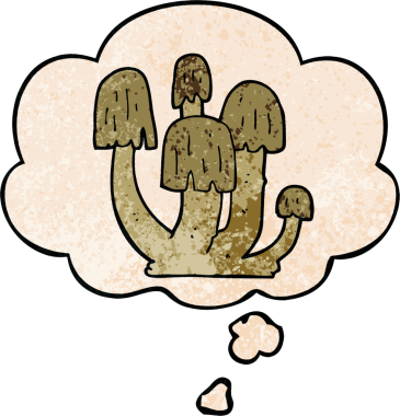 Bir insan tarafından çizilmiş grunge desenli düşünce baloncuklu mantarlar.