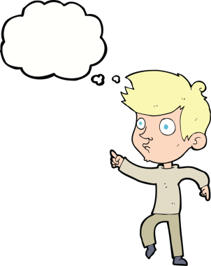 Bir insan tarafından çizilmiş düşünce kabarcığı olan çizgi film çocuğu.