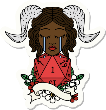 Ağlama etiketi, bir insan tarafından çizilmiş doğal bir D20 rulo ile bağlanıyor.