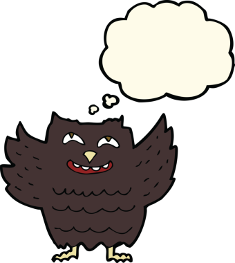 Bir insan tarafından çizilmiş düşünce baloncuklu mutlu baykuş.