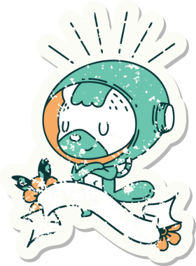 Bir insan tarafından çizilmiş astronot kıyafetli dövme stili bir hayvanın eski çıkartması.