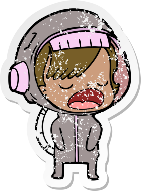 Bir astronot kadının insan tarafından çizildiğini açıklayan bir karikatür çıkartması.