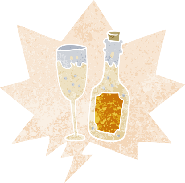 Karikatür şampanya şişesi ve içinde konuşma balonu olan cam bir insan tarafından çizilmiş dertli retro tarzı.