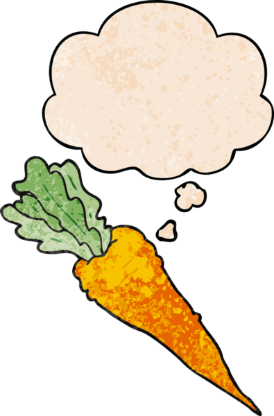 Düşünce baloncuklu çizgi film havucu. Bir insan tarafından çizilmiş grunge desen tarzı.