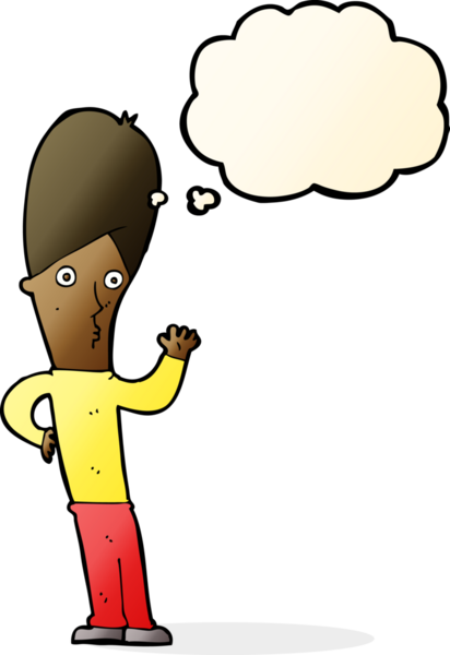 Bir insan tarafından çizilmiş düşünce baloncuğuyla el sallayan çizgi film adamı.