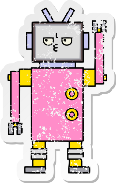 Bir insan tarafından çizilmiş sevimli bir robot çizgi film çıkartması.