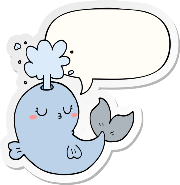 Bir insan tarafından çizilmiş konuşma balonu çıkartmasıyla su püskürten çizgi film balinası.