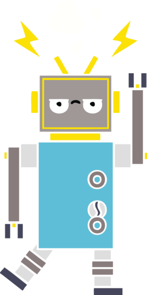 Bir insan tarafından çizilmiş arızalı bir robotun düz renk retro karikatürü