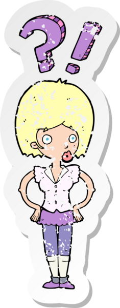 Bir insan tarafından çizilen soruları soran karikatürlü bir kadının gerilimli çıkartması.